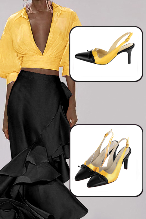 Women's satin black and yellow elegant slingback heels, with a bow on the front. Tapered toe. High slim heel - Top view